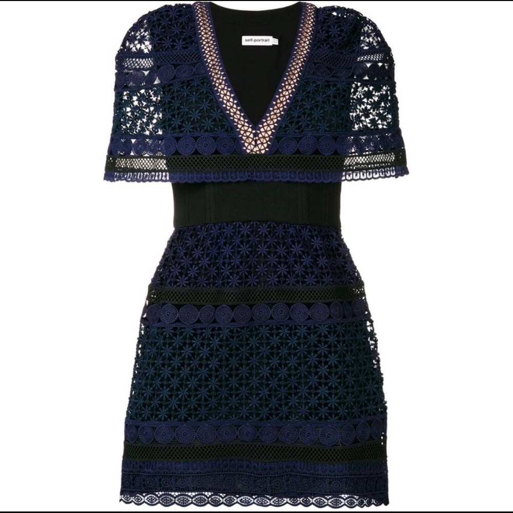 SELF-PORTRAIT Navy Guipure Lace Cape Mini Dress